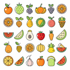 A collection of colorful and cute fruit icons in a flat line style.  Perfect for adding a touch of whimsy to your designs, these icons are great for websites, apps, social media, and more.