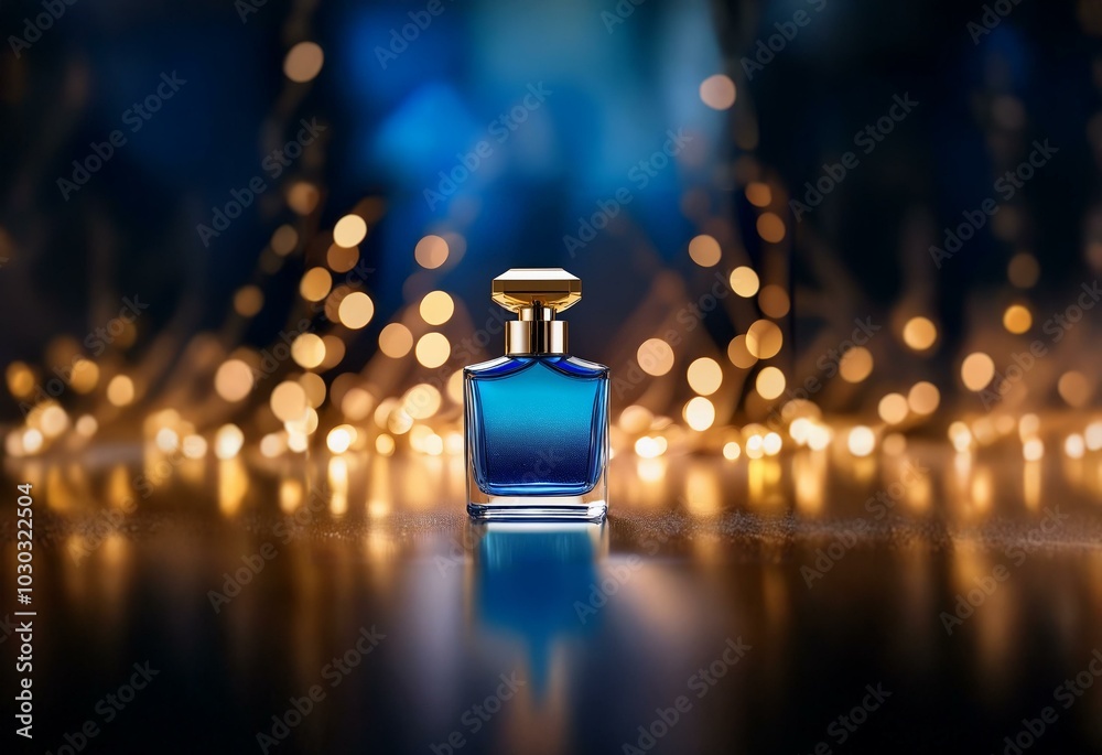Poster a blue perfume bottle with a gold cap sits on a reflective surface in front of a blurred background 