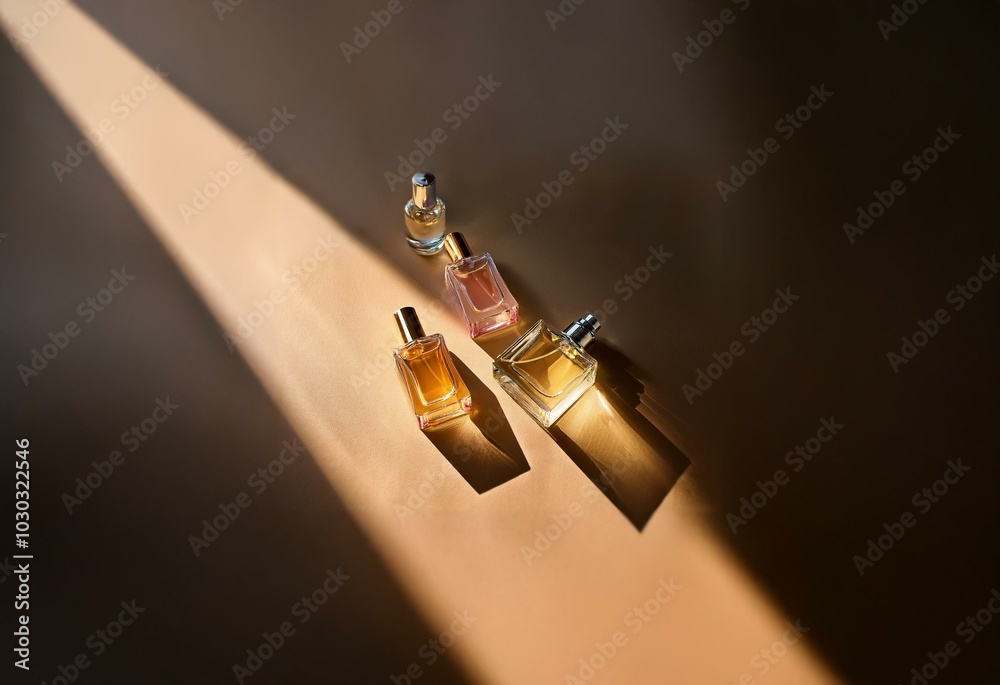 Poster four perfume bottles with gold caps on a brown background illuminated by a beam of sunlight.