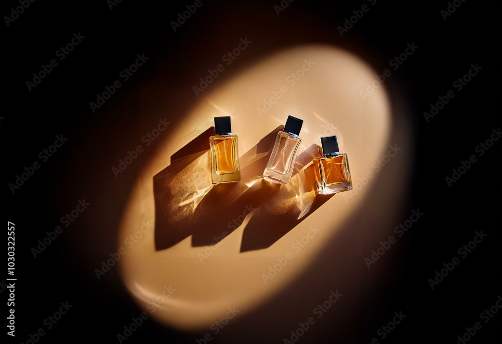 Poster Three perfume bottles lie on a textured tan surface under a spotlight.