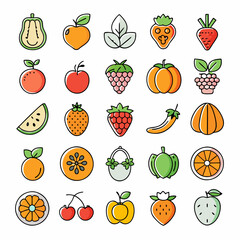 A set of 30 colorful fruit and vegetable icons in a line style, perfect for adding a touch of freshness to your designs. These icons are ideal for use in websites, apps, presentations, and more.