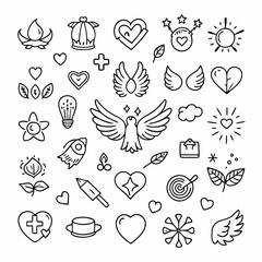 A collection of hand-drawn icons representing love, peace, hope, and joy. These versatile black and white illustrations are perfect for adding a touch of charm to greeting cards, social media posts.