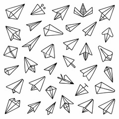 A hand-drawn pattern featuring various styles of paper airplanes, perfect for adding a touch of whimsy and nostalgia to your designs. Use this versatile graphic for stationery, children's products.