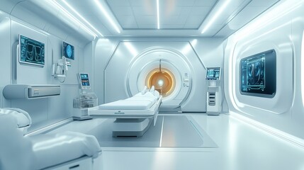 Futuristic high-tech medical laboratory and treatment room.
