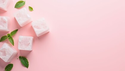 Sweet white marshmallow cubes and fresh mint leaves on pastel pink background with copy space