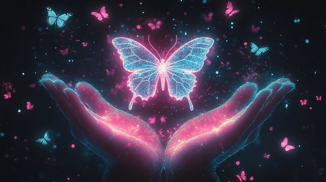 Pair of hands cradling a glowing female symbol with delicate butterflies in flight representing femininity and strength designed in a modern vector style for Women's Day celebration