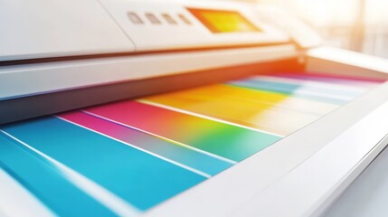 A close-up of a printing machine showcasing vibrant color swatches for graphic design.