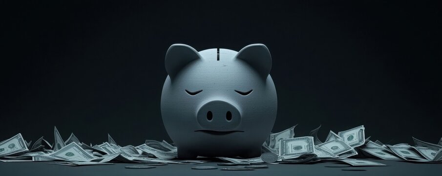 A piggy bank surrounded by scattered money, conveying themes of savings, finance, and wealth management.