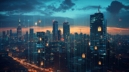 Fototapeta premium Futuristic cityscape with digital padlocks, symbolizing security and digital protection.