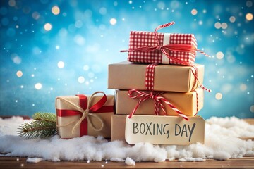 Stack of gifts with red ribbon and boxing day sign for holiday cheer