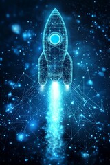 Abstract Glowing Blue Rocket Launch With Network Connection Lines And Data Points On Dark Background