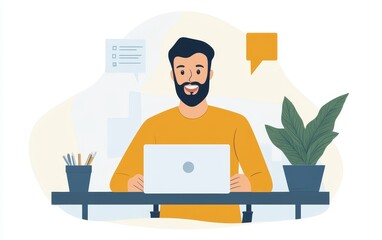 A smiling man working on a laptop at a desk with plants and speech bubbles, suggesting communication.