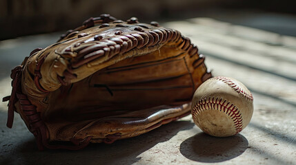 A close-up of a leather glove with a baseball resting beside it on a gym floor, with soft shadows highlighting the details of the glove's stitching and material.