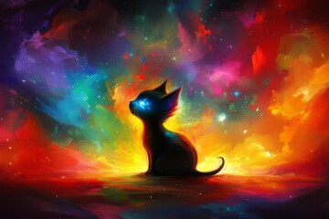Black cat sitting in a vibrant cosmic nebula silhouetted against a multicolored space scene evoking mystery magic and the vast unknown of the universe