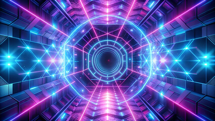 Vibrant purple and blue neon portal with a geometric design, perfect for sci-fi art and digital visual effects.