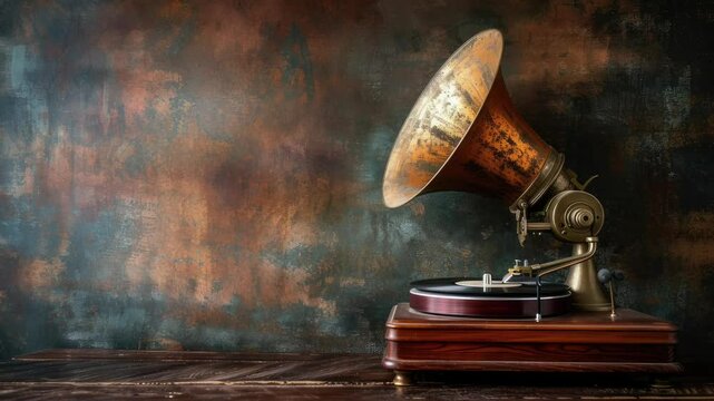 Vintage Record Player with Large Horn Speaker on Rustic Wooden Surface