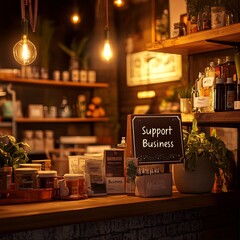 A cozy boutique shop with neatly arranged products on wooden shelves, soft lighting illuminating the space, warm tones,
