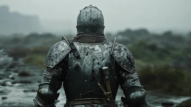 A lone knight walks through a misty field, his armor heavy with rain