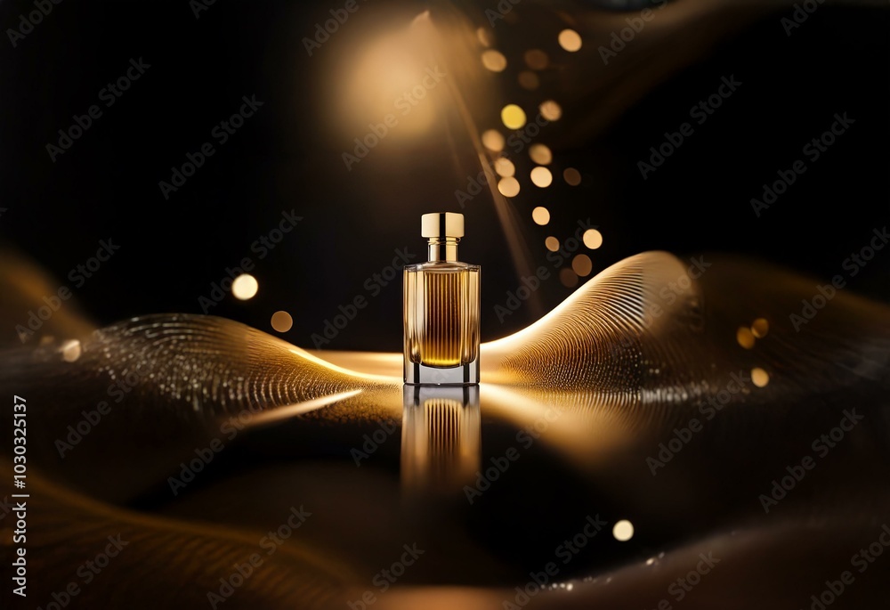 Poster a golden perfume bottle sits in the center of a dark background with soft, glowing lights.