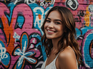 Fototapeta premium Bright colors meet professional style as a smiling woman stands in front of a graffiti wall.