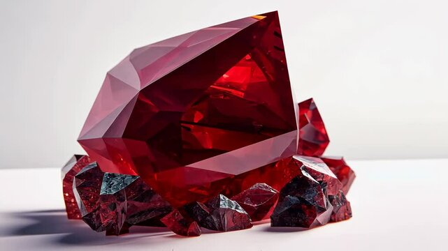 A large, faceted ruby rests atop a cluster of smaller rubies against a white background