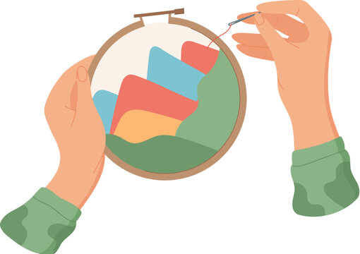 Hands engaging in craft sewing activity with needlework and embroidery. Creative hobby using tools for flat design. Suitable for DIY projects, workshops, and crafting events.