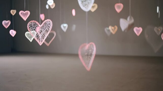 Beautiful hearts hanging on strings provide the perfect background for your video projects. Create a romantic, tender, or playful atmosphere in your wedding films, commercials, video greetings, or ani