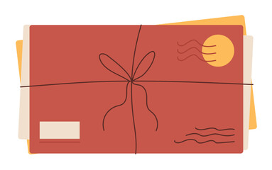 Cartoon bundle of mail sticker, envelopes, cards, and notes with messages. Flat design style featuring colorful stationery elements. Ideal for creative projects, invitations, or greeting cards.