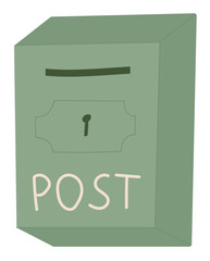 Simple postbox sticker in flat cartoon graphic style, representing mail and letter delivery. Creative stationery design with message and postal themes, ideal for communication correspondence projects.