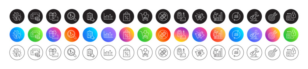Fototapeta premium Money, Corrupt and Update data line icons. Round icon gradient buttons. Pack of Shopping, Checklist, Businessman run icon. Lock, Graph chart, Target pictogram. Vector