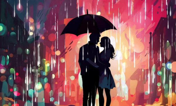 romantic couple with umbrella on a rainy day illustration