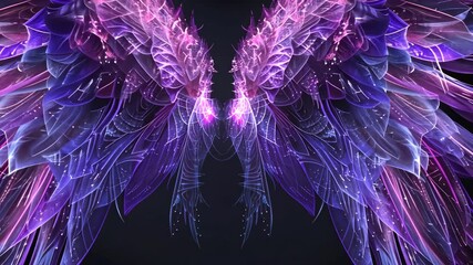 A pair of glowing purple wings, with intricate details, against a black background