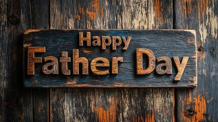 Rustic Happy Father Day greeting card with bold textured wood type letters arranged neatly on a weathered wooden background evoking a warm and vintage feel for Father's Day celebrations