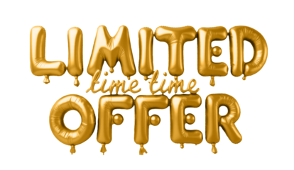 Golden balloon letters spelling 'Limited Time Offer' on a transparent background. Ideal for loyalty programs, promotions, and celebration visuals. Perfect for marketing, business incentives