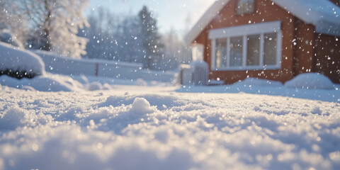 Fluffy white snow on perfect lawn on a backdrop of residential house backyard. Winter season, sunny day outside.