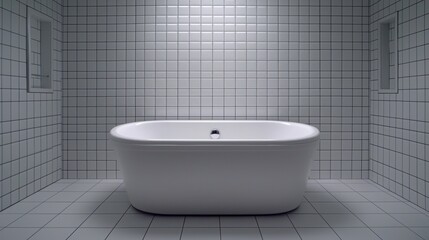 Modern bathroom featuring a standalone bathtub against a stylish tiled wall, perfect for relaxation and wellness.