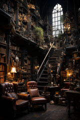 Elegant vintage library with a cozy atmosphere featuring armchairs and a grand staircase
