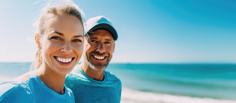 A close-up of a sporty middle-aged couple smiling at the beach with a clear blue sky.