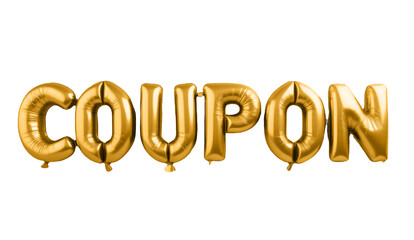 Golden balloon letters spelling 'Coupon' on a transparent background. Ideal for loyalty programs, promotions, and celebration visuals. Perfect for marketing, business incentives, and event graphics