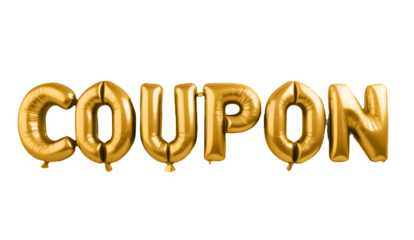 Golden balloon letters spelling 'Coupon' on a transparent background. Ideal for loyalty programs, promotions, and celebration visuals. Perfect for marketing, business incentives, and event graphics