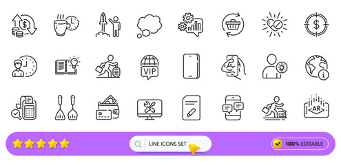 Coffee break, User idea and Car rental line icons for web app. Pack of Cogwheel, Phone messages, Change money pictogram icons. Phone, Fitness, Repair signs. Working hours. Search bar. Vector