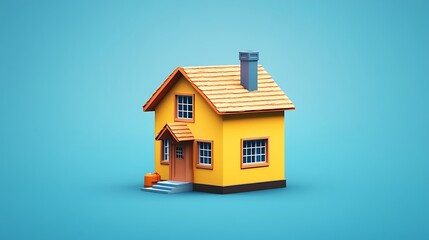 Bright Yellow House Model Against Blue Background Art