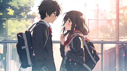 Obraz premium Kawaii romantic anime couple boy and girl, school uniform Anime