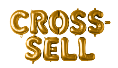 Golden balloon letters spelling 'Cross-Sell' on a transparent background. Ideal for loyalty programs, promotions, and celebration visuals. Perfect for marketing, business incentives