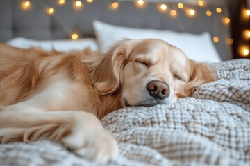 Obraz premium Golden retriever peacefully sleeping on a bed with soft fairy lights in the background capturing a moment of calm warmth and rest in a cozy indoor atmosphere