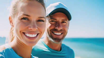 A close-up of a happy middle-aged couple smiling at the beach with a blue sky in the background.