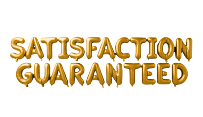 Golden balloon letters spelling 'Satisfaction Guaranteed' on a transparent background. Ideal for loyalty programs, promotions, and celebration visuals. Perfect for marketing, business incentives