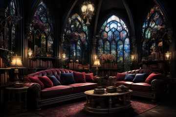 Fototapeta premium Elegant library lounge with antique furniture creating a cozy and inviting atmosphere against stained glass windows