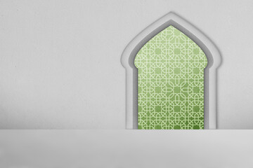 Abstract pattern of green mosque windows with white wall background
