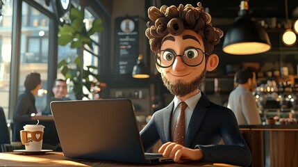 Modern Businessman Working in Cafe Amidst Bustling Atmosphere with Laptop, Coffee, and People in Background